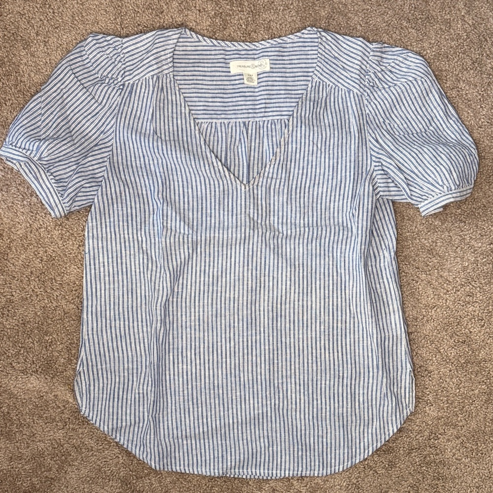 Treasure & Bond Blue and White Striped V-Neck Puff Sleeve Blouse